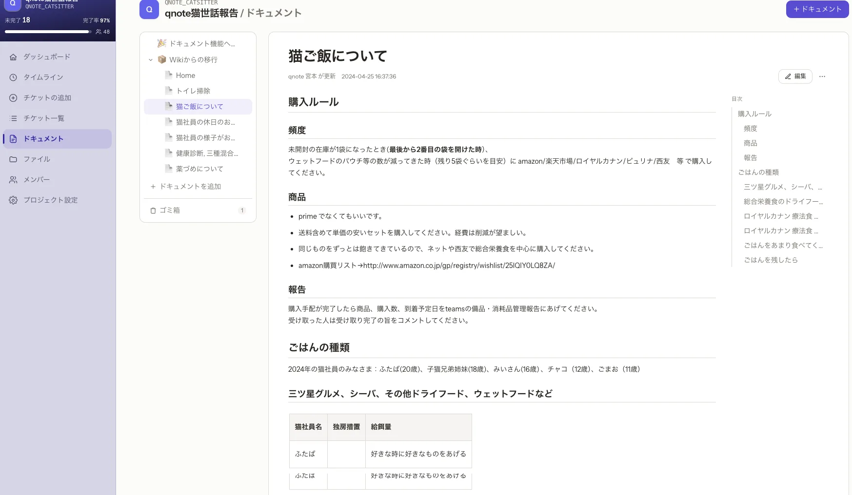 ドキュメント画面。左に階層ツリー、右にリッチテキストの本文が表示されている